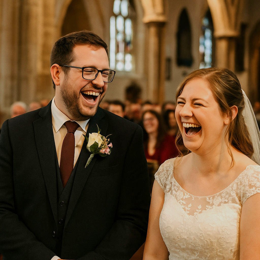 Bride and groom laughing joyfully during their Manchester wedding ceremony inside a traditional church surrounded by guests