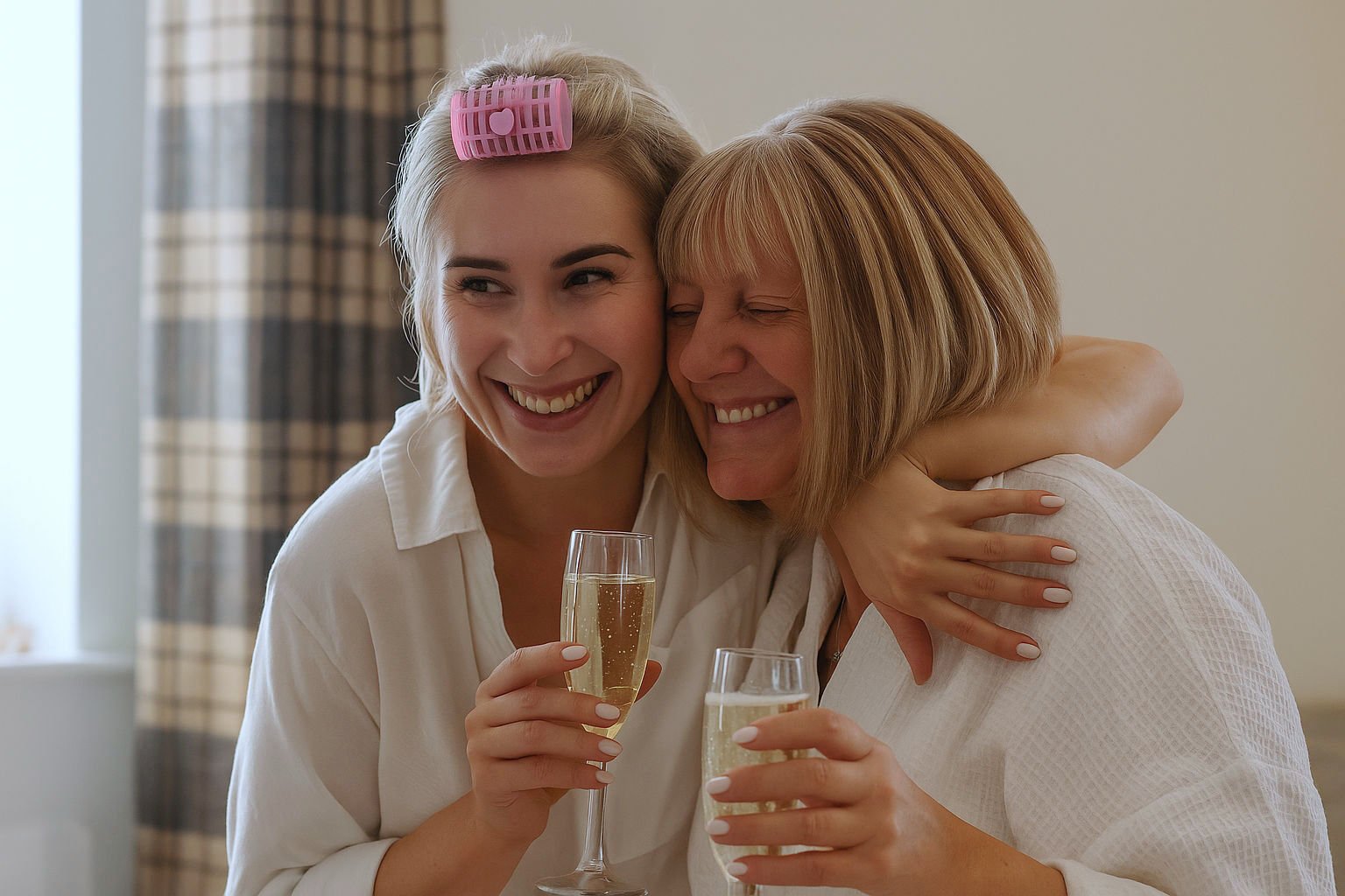 Bride and Mother Sharing a Toast Before the Ceremony Bride and her mother in white robes smiling and hugging while holding glasses of champagne