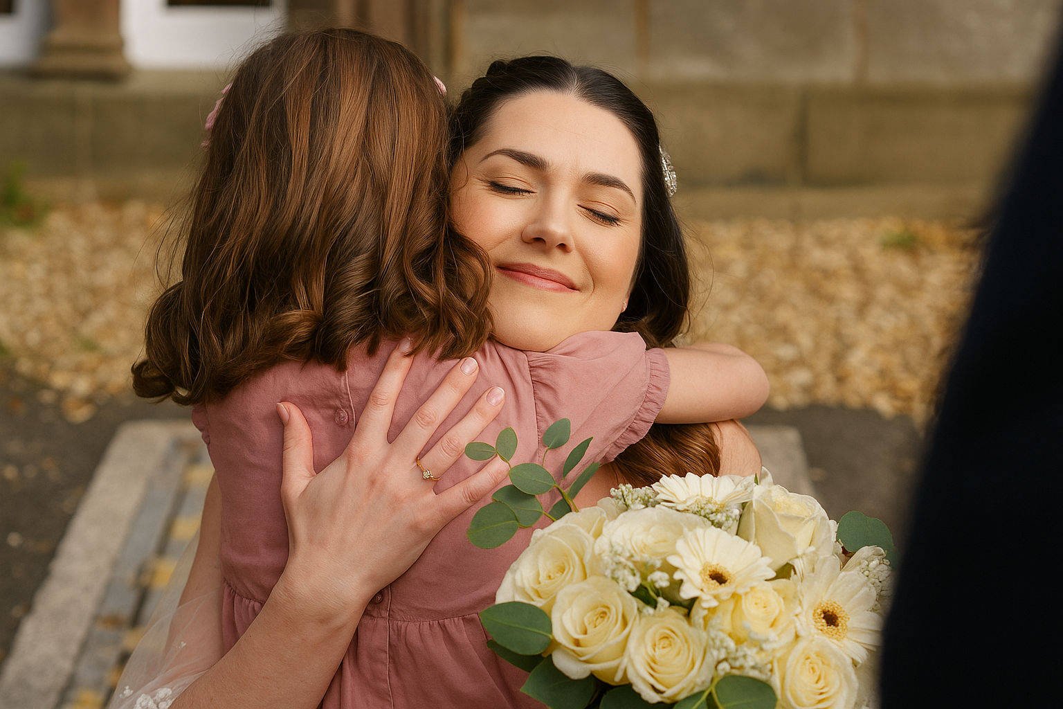 Bride Embraces Daughter After Wedding Ceremony Bride hugging her young daughter at Shaw Hill Golf Spa Hotel, captured by a Manchester photographer