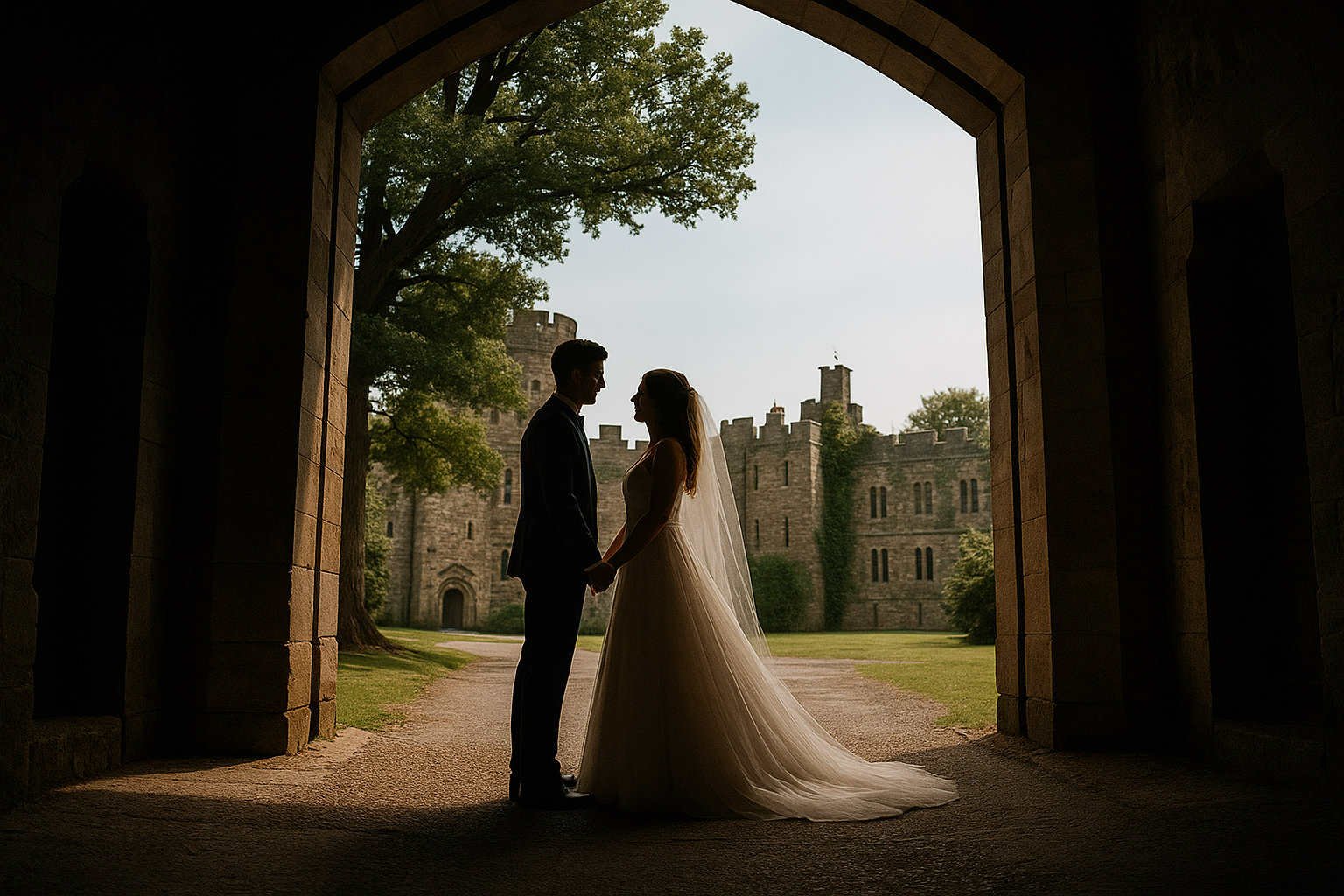 Bride and groom silhouetted in an archway at Peckforton Castle on their wedding day