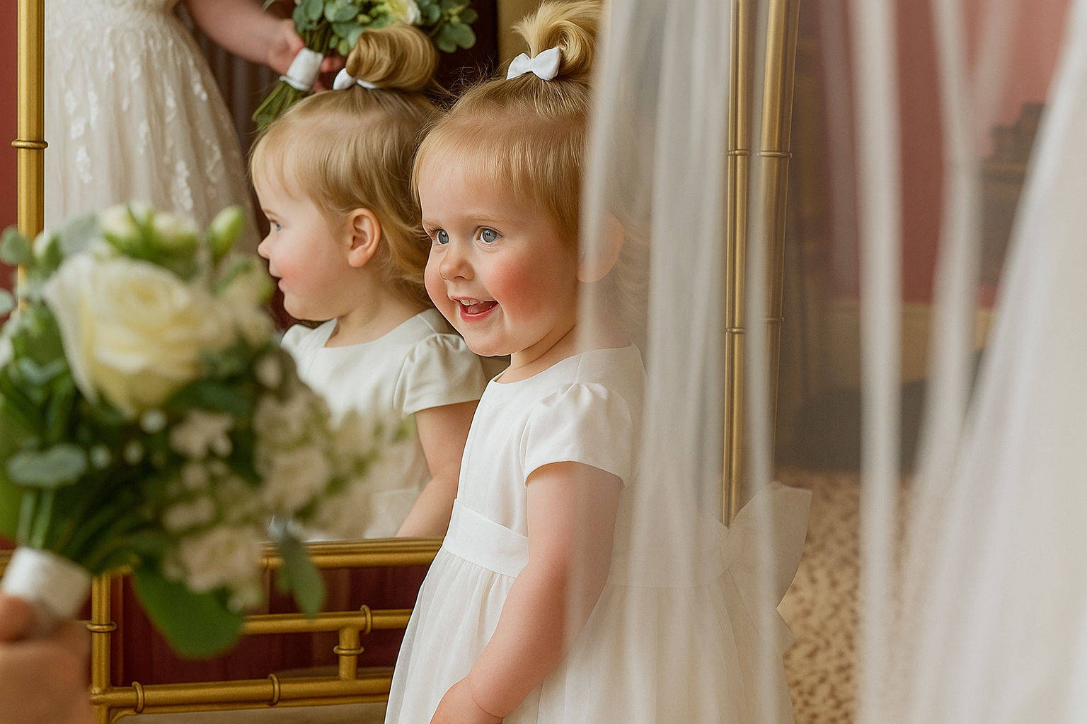 Toddler flower girl smiles at brides reflection at Shrigley Hall Hotel & Spa